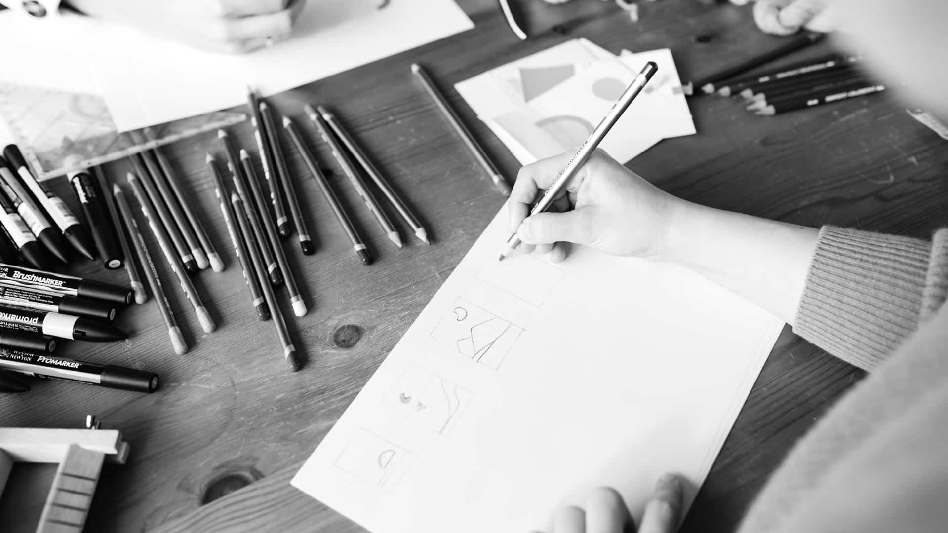 black-and-white desk